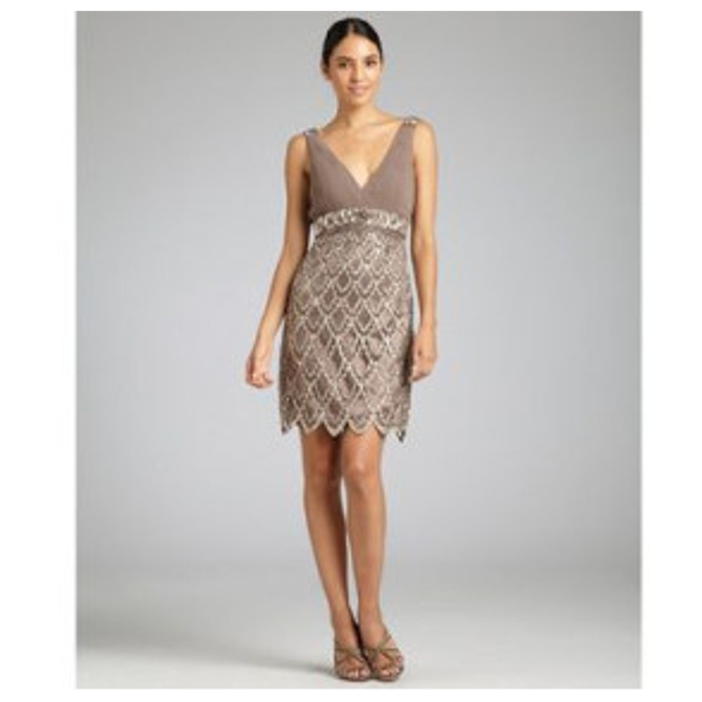 Sue Wong Nocturne Embellished Beaded Sleeveless Cocktail Mini Dress Brown Size 8